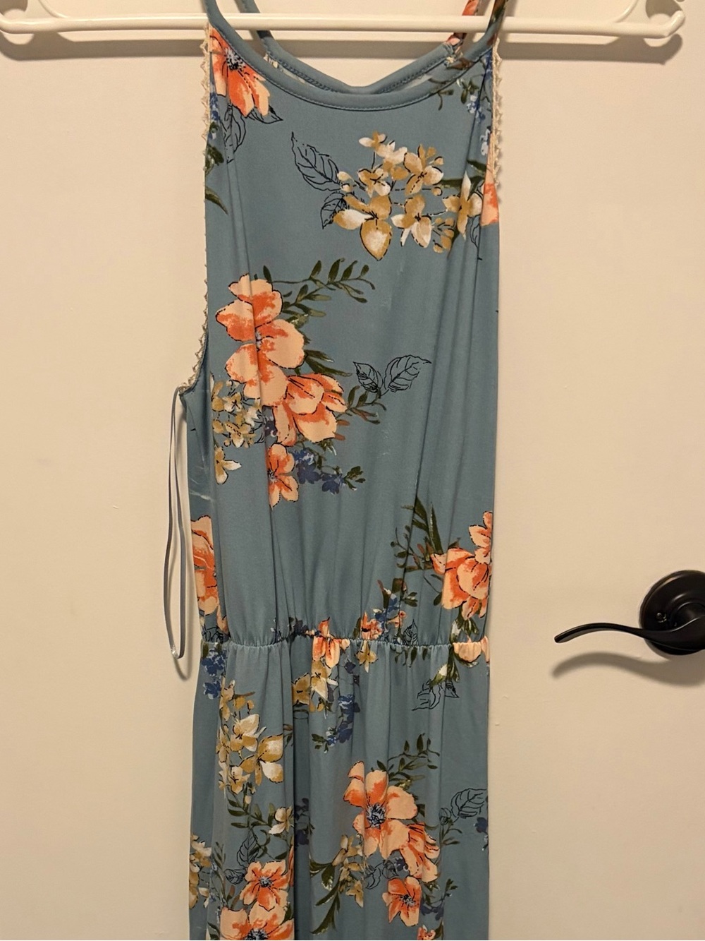 French Grey Blue Maxi Dress with Peach & Cream Floral Print